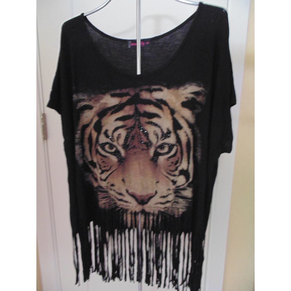 Vtg Black Hippie Fringed Studded Tiger Shirt Knit Crop Top Womens 2X Party